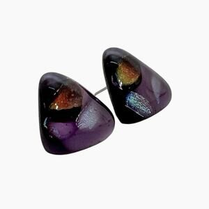 Vintage Iridescent Dichroic Foil Earrings Shimmer Pierced Stud Acrylic Triangle